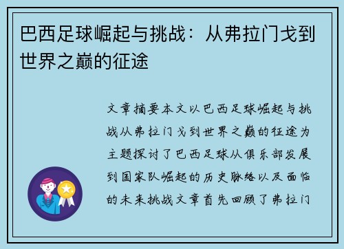 巴西足球崛起与挑战：从弗拉门戈到世界之巅的征途